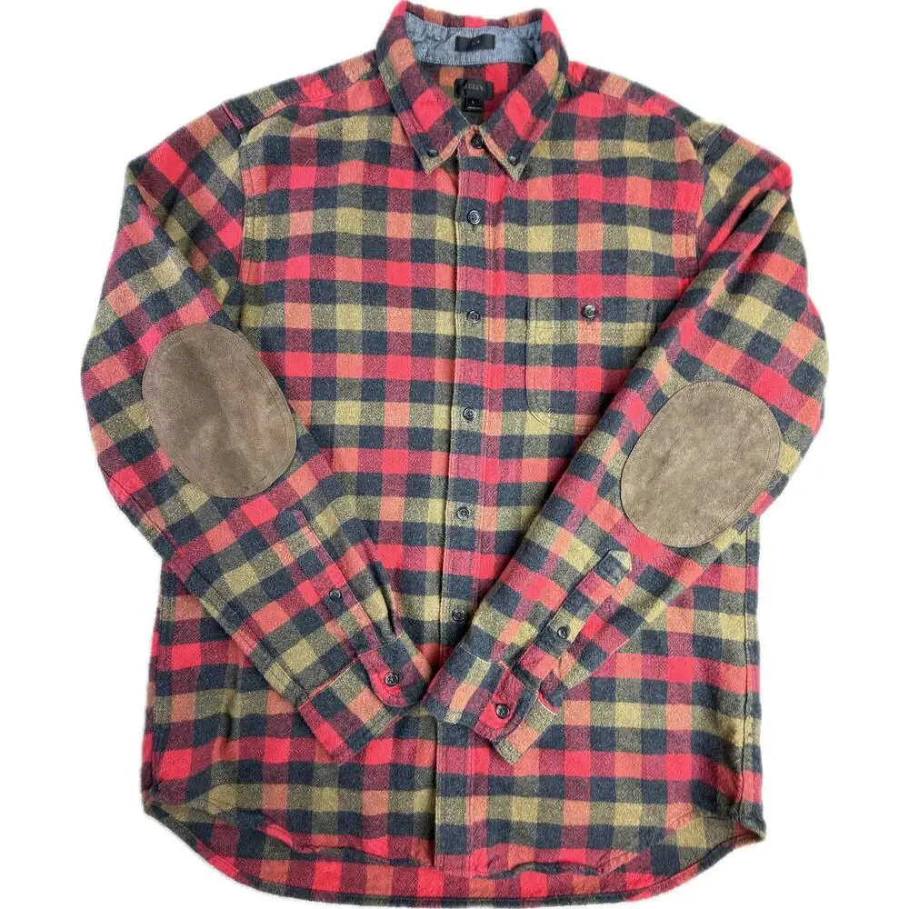 J. Crew Size L Men's Cotton Wool Blend Checked Shirt Slim Fit Elbow‎ Patch